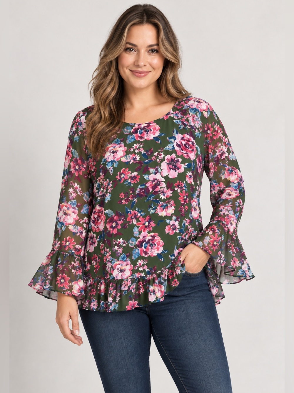 Kut From The Kloth Trixy Floral Ruffle Blouse Green Pink Bell Sleeve Size L